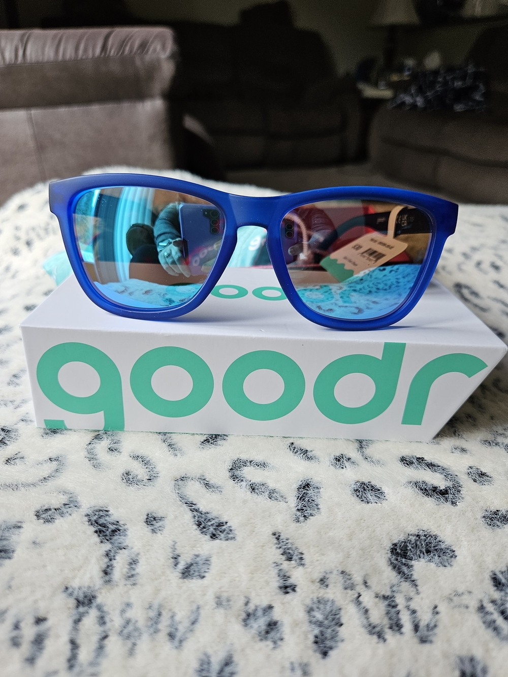 Goodr Blue Mirrored Sunglasses. "Falkor's Fever Dream"
